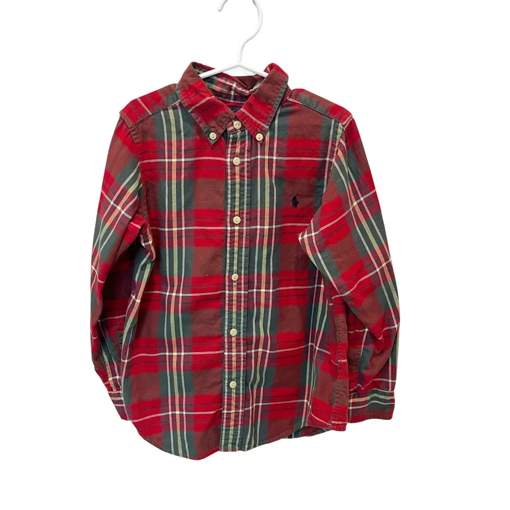 Ralph Lauren Kids Red Green Plaid Button Down Shirt Boys Sz 6 Cotton Long Sleeve